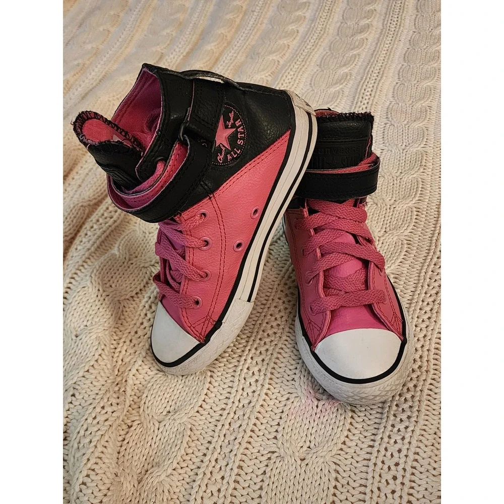 Converse Chuck Taylor All Star Brea Hi Pink Black Leather Shoes Kids Size 13